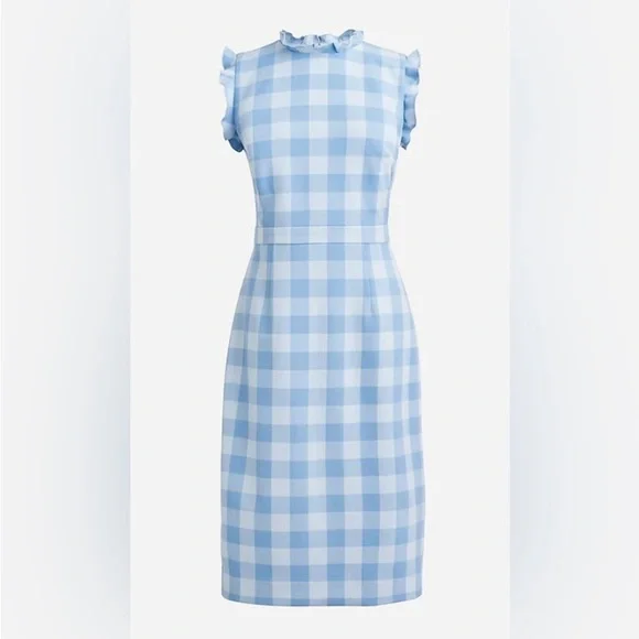 NWT J. Crew Gingham Stretch Crepe Ruffle-Trim Sheath A-Line Lined Midi Dress 16 - Picture 3 of 6